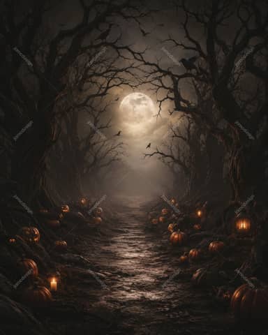 Dark Halloween Forest Path With Pumpkins Background