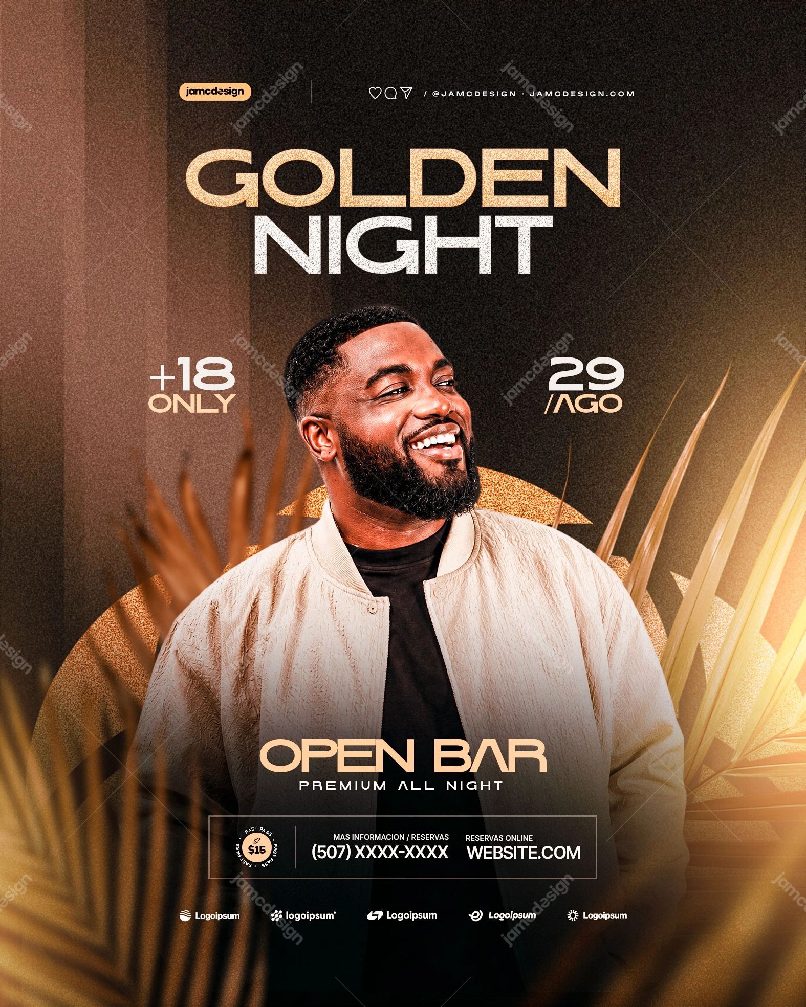 Golden Night Social Media Flyer Design Template PSD Editable. Editable PSD template for a nightlife social media flyer with a dark composition