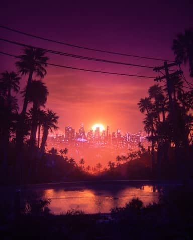 Vaporwave Palm Tree City Sunset with Purple Sky Background