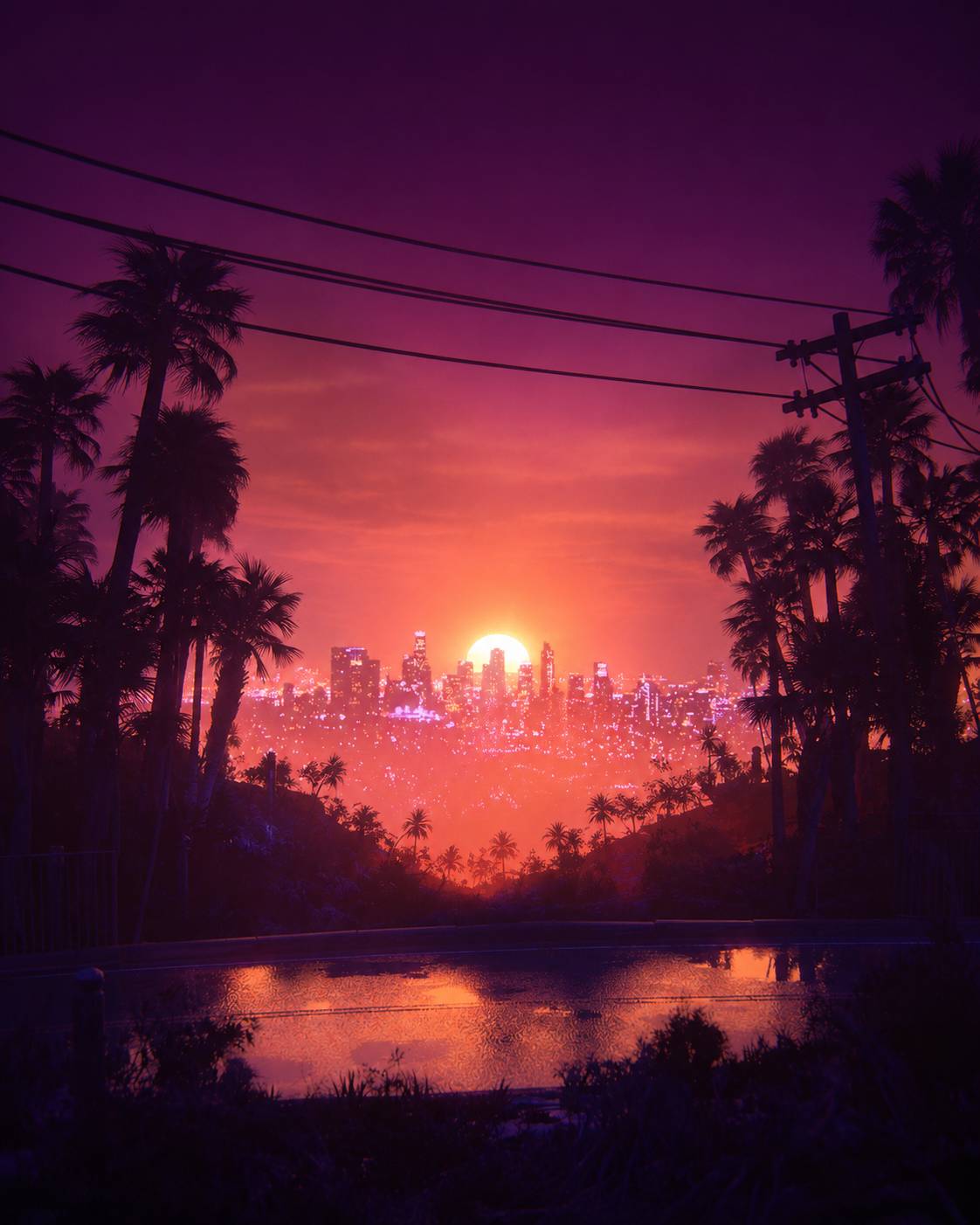 Vaporwave Palm Tree City Sunset with Purple Sky Background