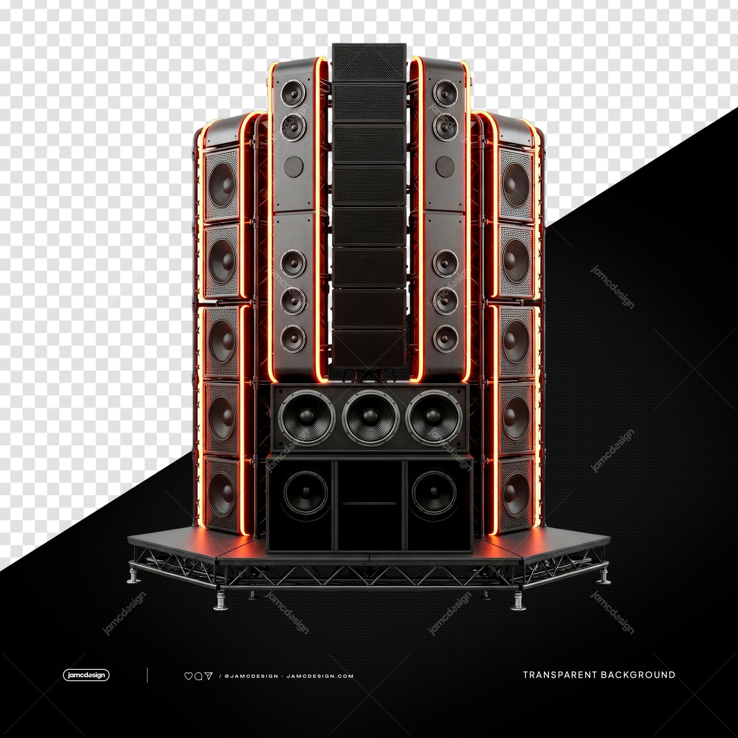 Professional Concert Sound System with Orange Neon Lights PNG Transparent Background