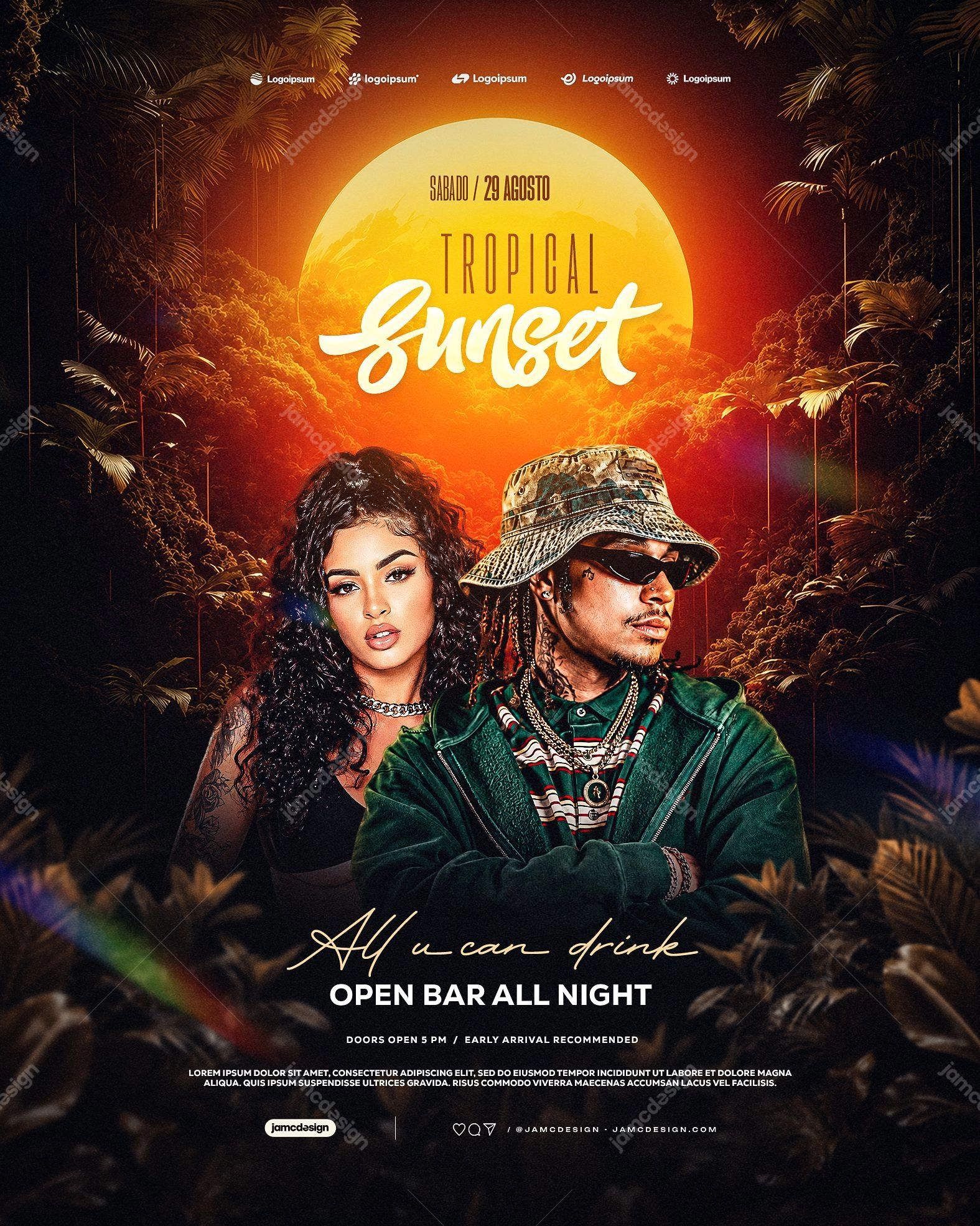 Modèle de Flyer réseaux sociaux Coucher de soleil tropical PSD Modifiable. Modèle PSD modifiable pour un flyer réseaux sociaux sur une soirée tropicale