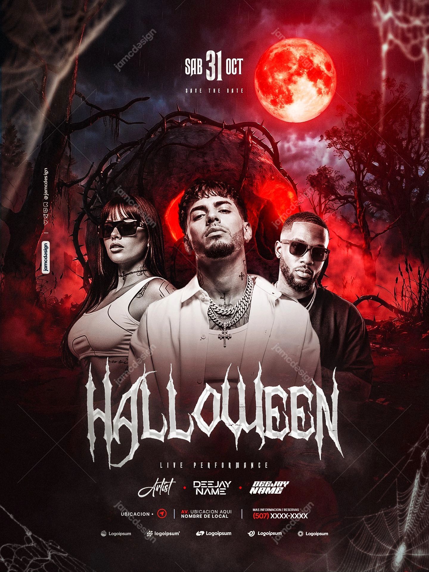Halloween Red Moon Portraits Party Flyer PSD. Editable PSD template for a Halloween event flyer featuring three fashion styled figures before a tangled forest