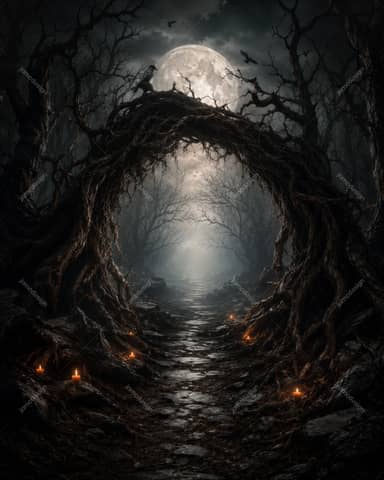 Dark Root Portal Full Moon Halloween Background