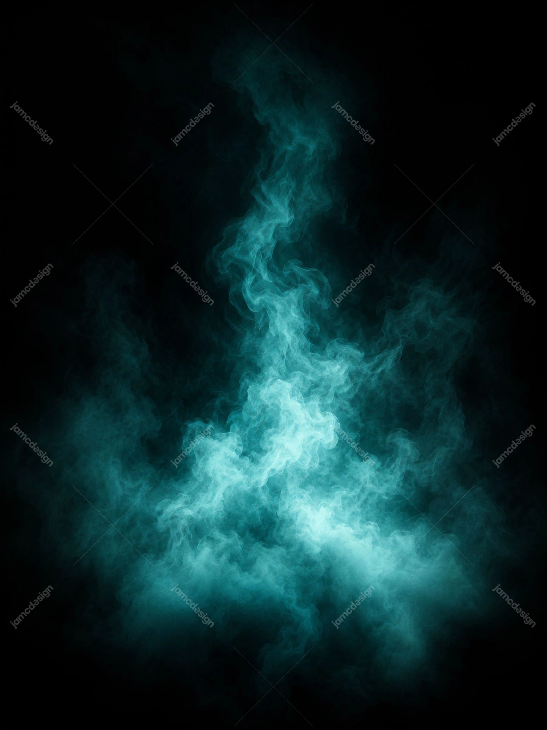Fundo Escuro Vertical com Fumaça Turquesa e Brilho Ciano. Textura de sobreposição em JPG com fumaça turquesa luminosa subindo por uma cena quase preta