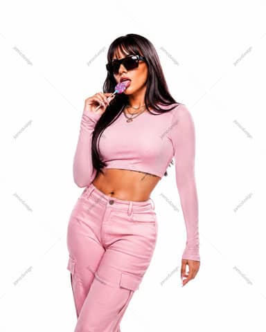 Woman In Pink Outfit With Lollipop And Sunglasses Photo