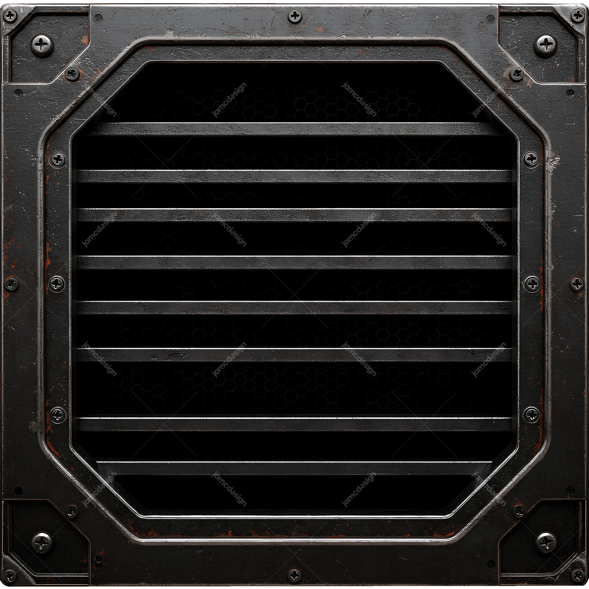 Square Octagonal Metal Grille PNG Transparent. Square octagonal metal grille supplied as a PNG transparent object, with a dark industrial frame