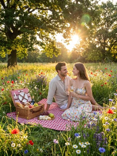 Romantic Couple Picnic In Wildflower Meadow At Sunset