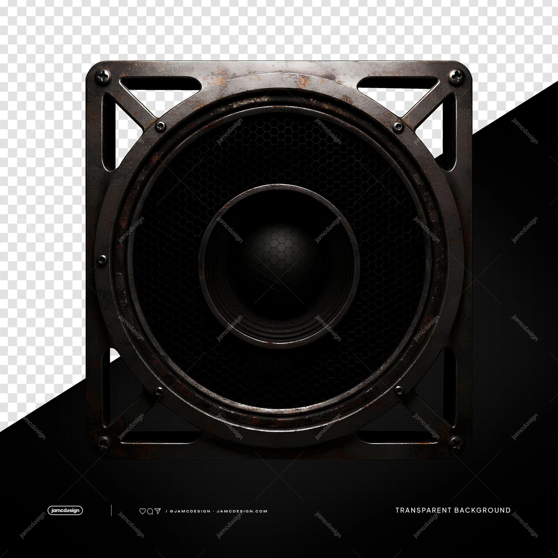 Square Subwoofer Speaker Black Speaker Cone PNG Transparent. A PNG transparent object showing a square black subwoofer speaker with a large circular cone