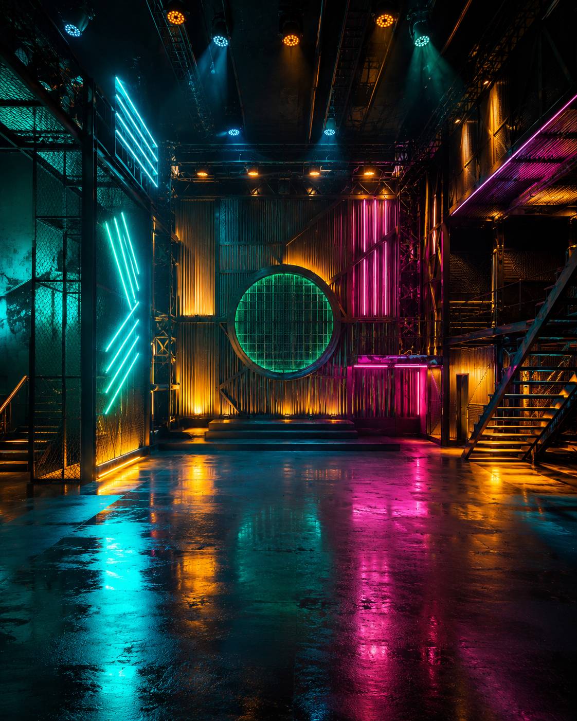Cyberpunk Neon Warehouse Stage Background