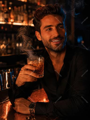 Foto de Hombre Apuesto Sosteniendo Cóctel de Whisky Ahumado en Bar JPG