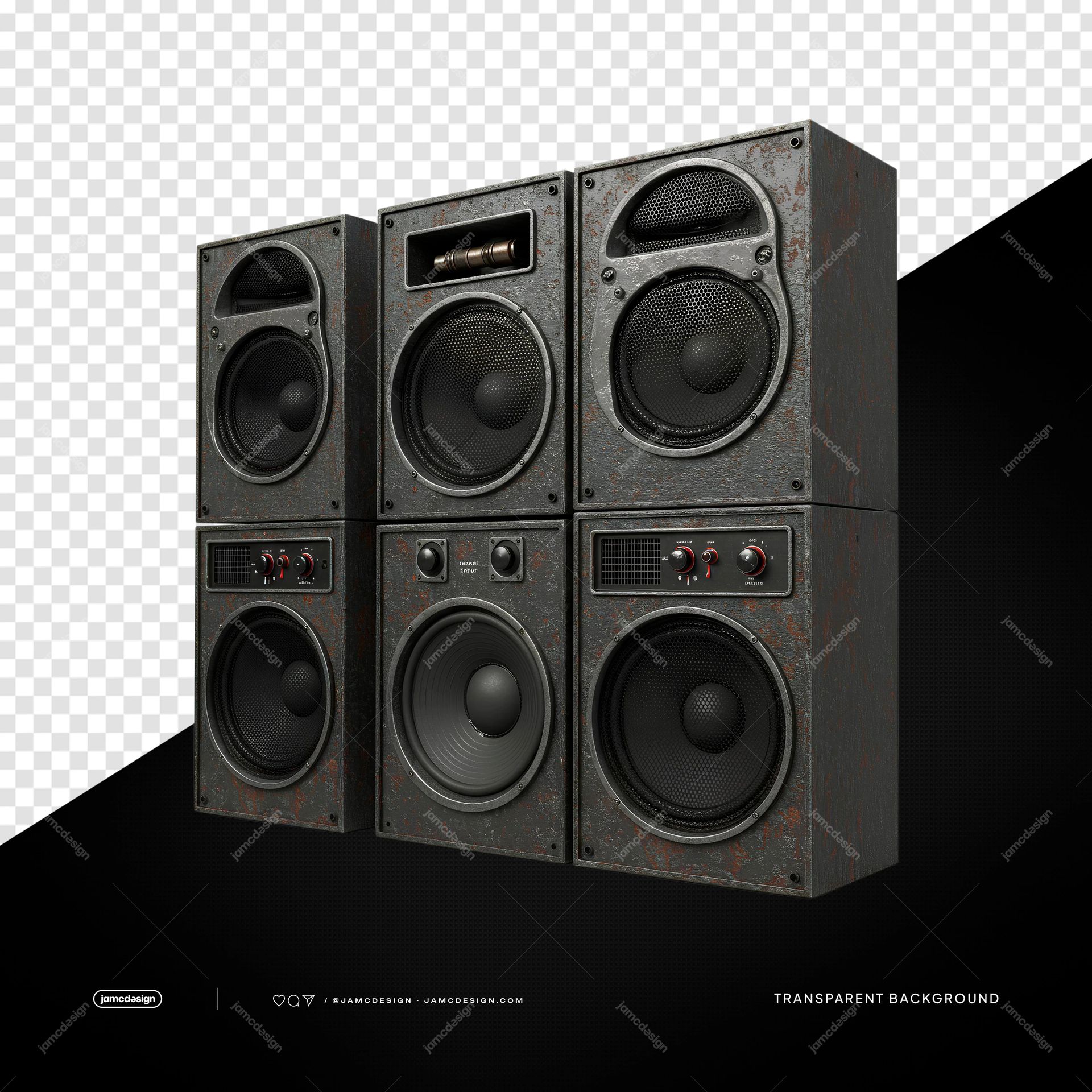 Large Black Triple Speaker Array PNG Transparent. This PNG transparent object shows a large black triple speaker array with six visible cabinets