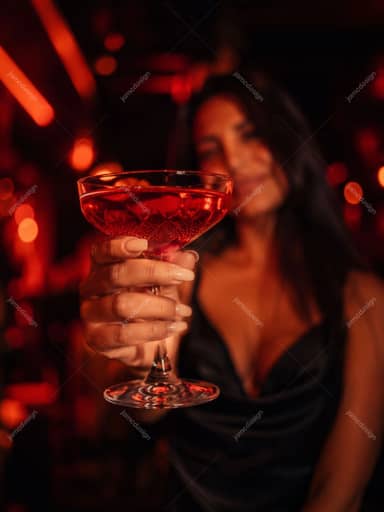 Red Coupe Cocktail Close Up With Woman In Warm Drink Background JPG