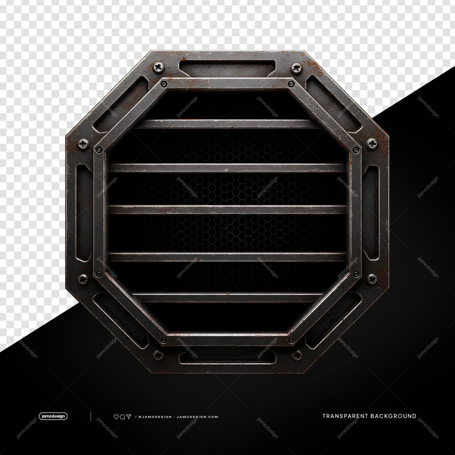 Industrial Octagonal Metal Grille Dark Geometric Frame PNG Transparent. Industrial octagonal metal grille supplied as a PNG transparent object