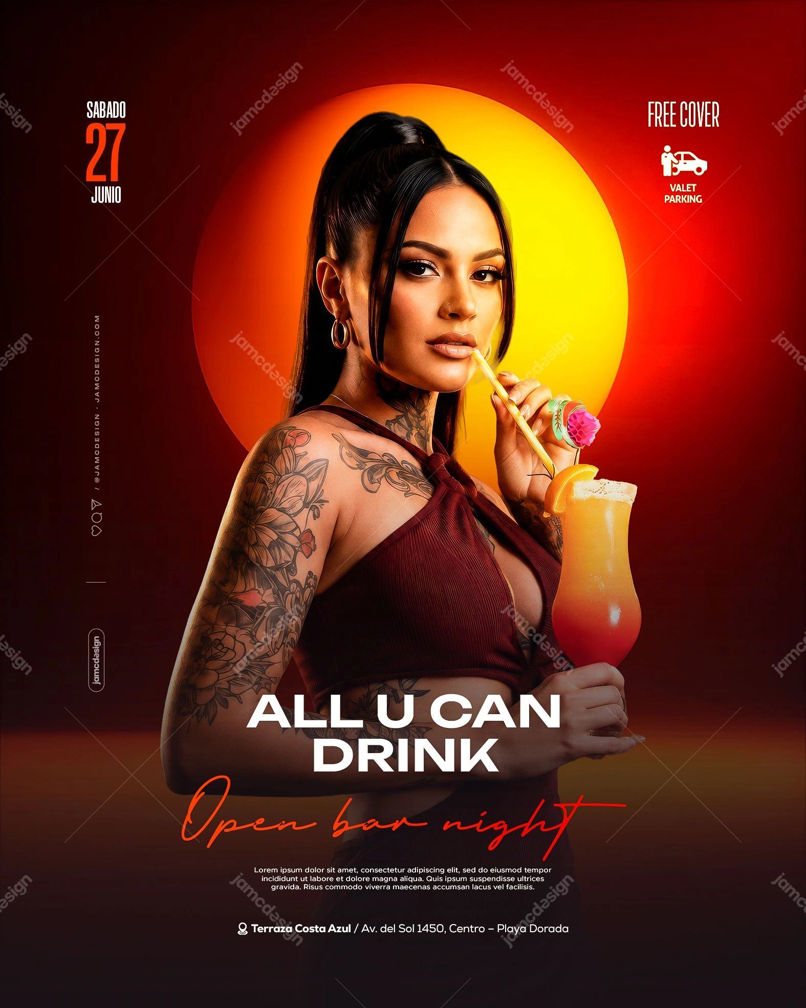 Open Bar Night Flyer Template PSD Editable. Editable PSD template for an open bar night flyer, featuring a tattooed woman in a burgundy dress holding an orange