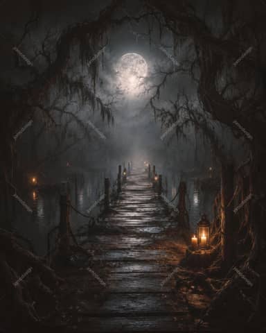 Foggy Swamp Bridge Full Moon Halloween Background