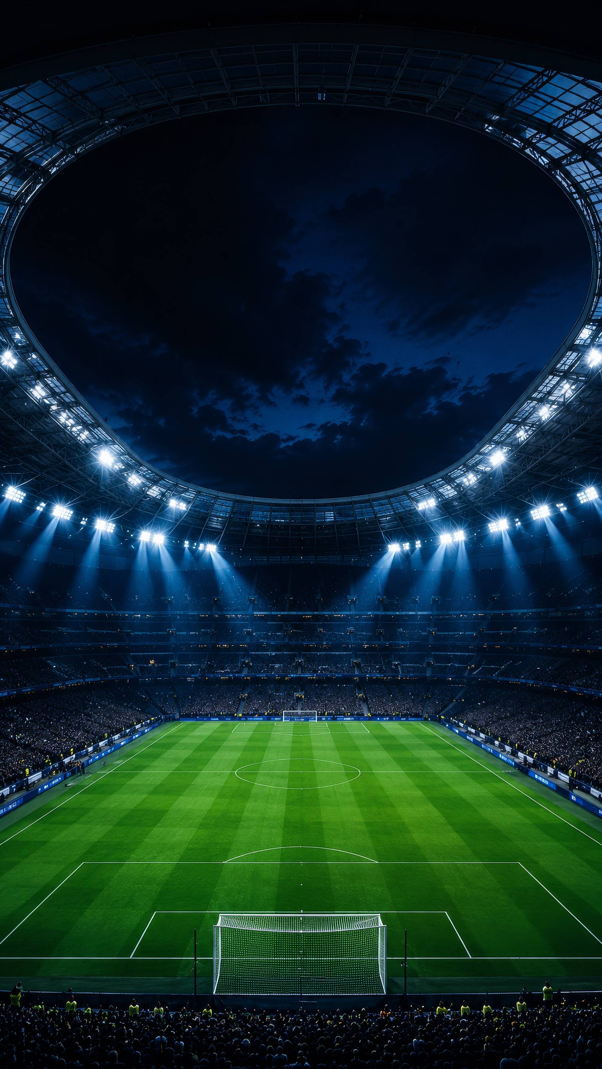 Night Football Stadium with Floodlights and Green Field Background
