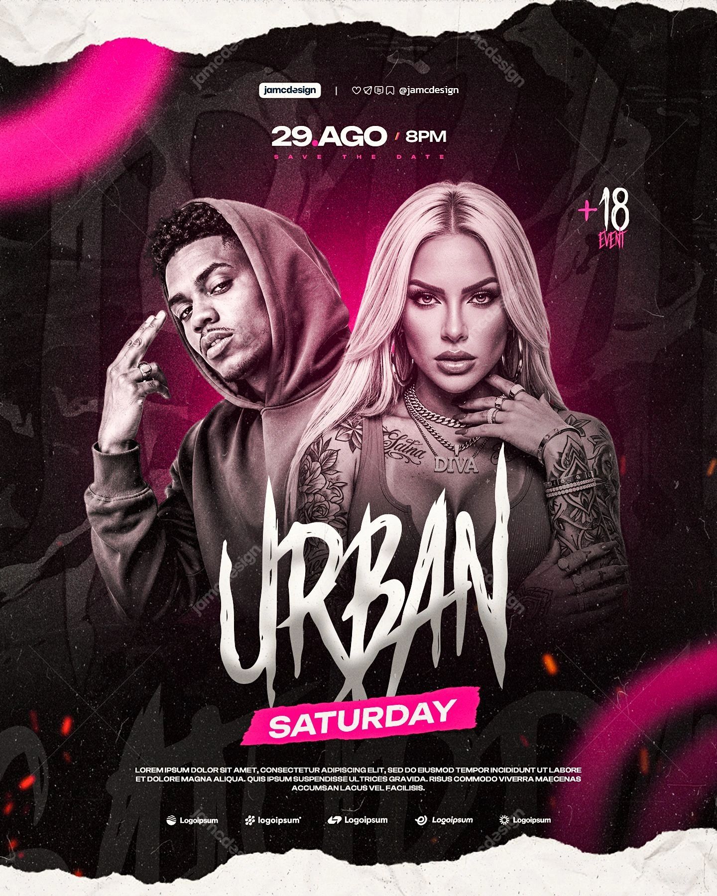 Urban Saturday Magenta Portrait Duo Event Flyer PSD. Editable PSD template for an event flyer featuring male and female portraits in a dark grunge composition