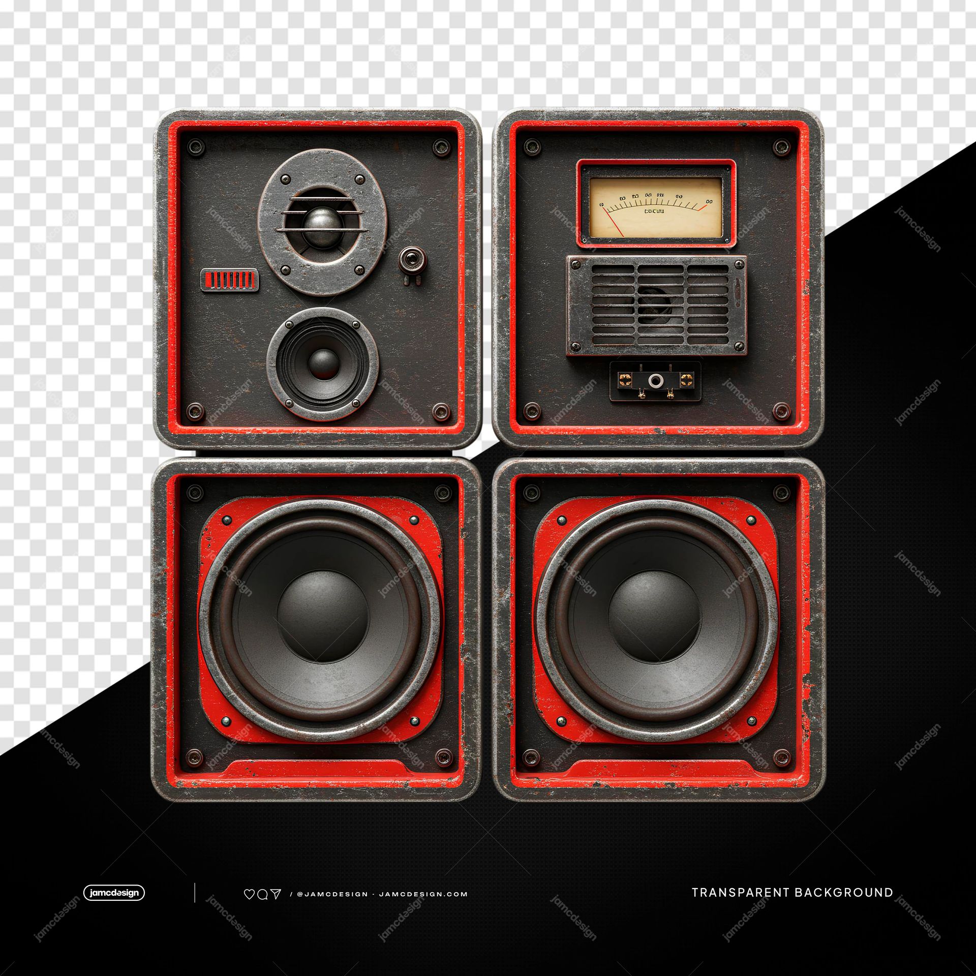Pilha de Caixas Vintage Vermelhas e Pretas com Medidores VU PNG Transparente. Pilha vintage de caixas de som vermelhas e pretas