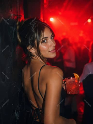 Foto de Mujer con Cóctel Cítrico, Luz Roja de Club y Retrato de Cóctel Rojo JPG