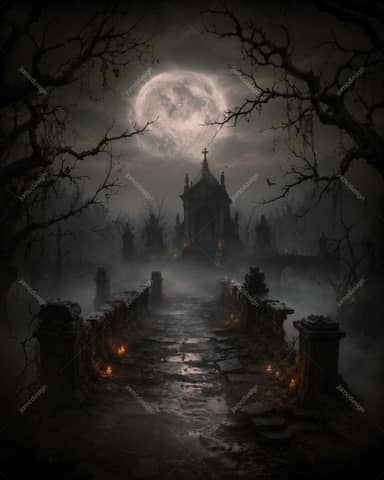 Gothic Ruins Bridge Full Moon Halloween Background