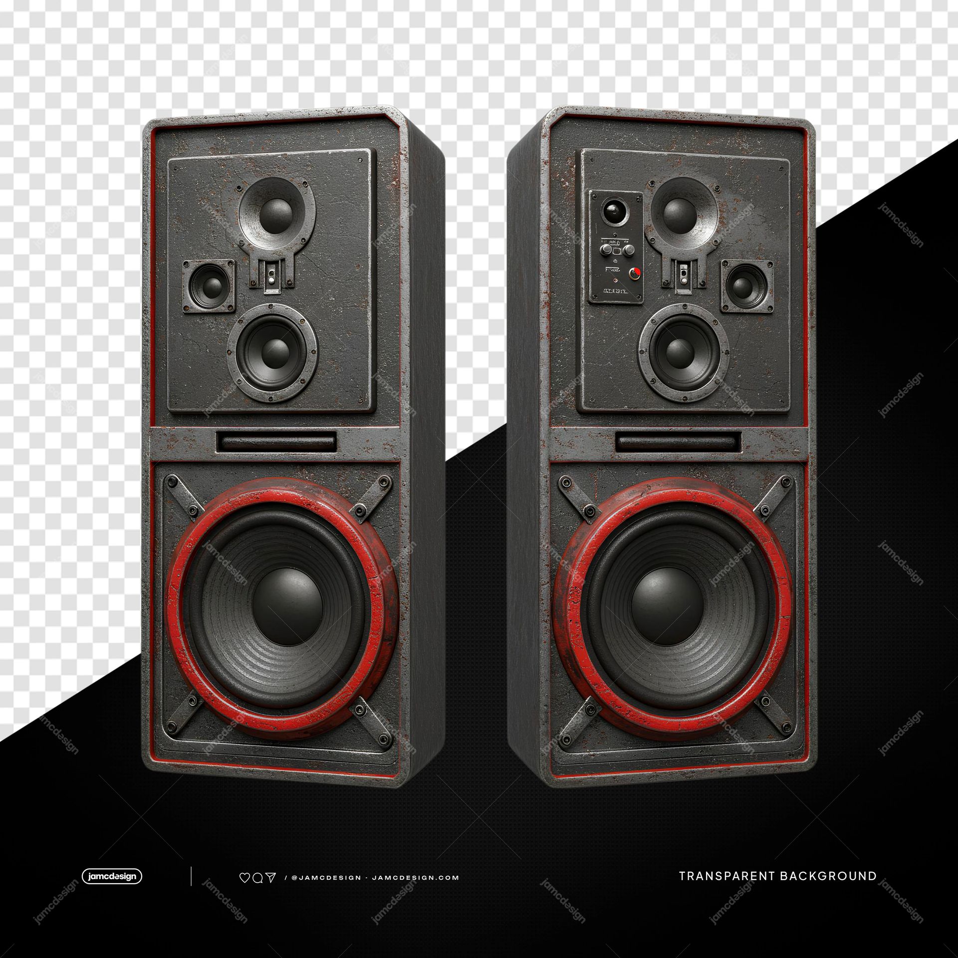 Black And Red Floor Speaker Pair PNG Transparent. A realistic PNG transparent object showing a matched pair of black floor speakers with red woofer surrounds