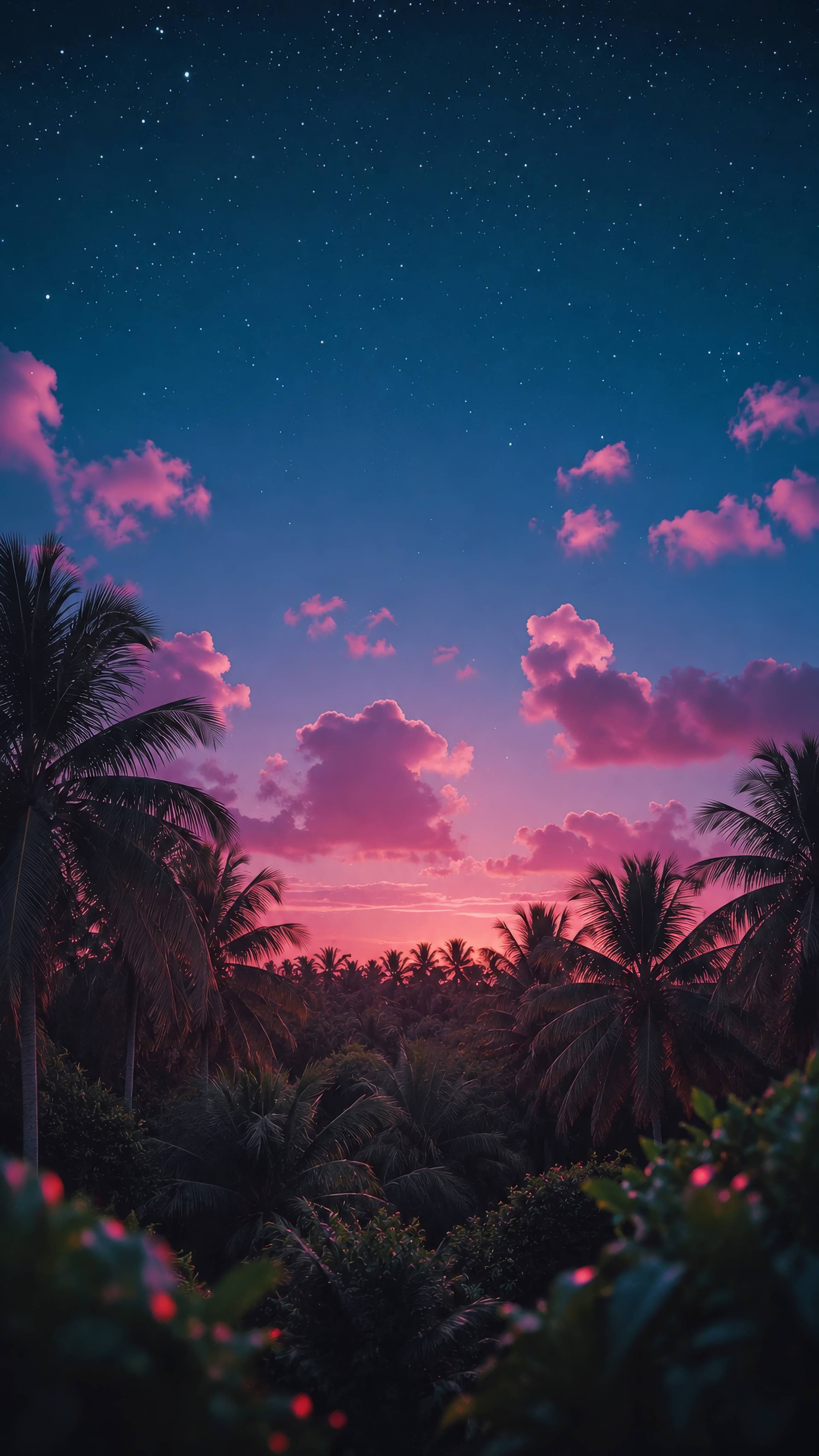 Tropical Sunset Palm Trees Starry Sky Background