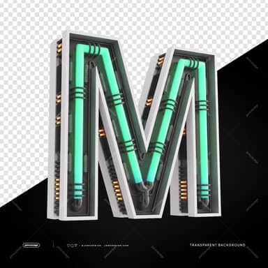 Letra M 3D Futurista Industrial Neon PNG Fundo Transparente