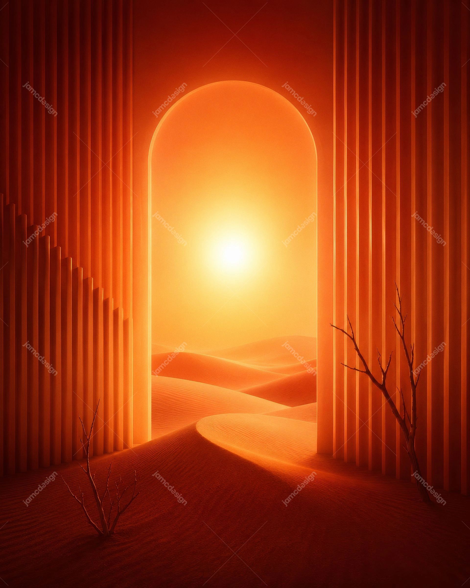 Surreal Desert Portal with Glowing Sun and Orange Dunes Background