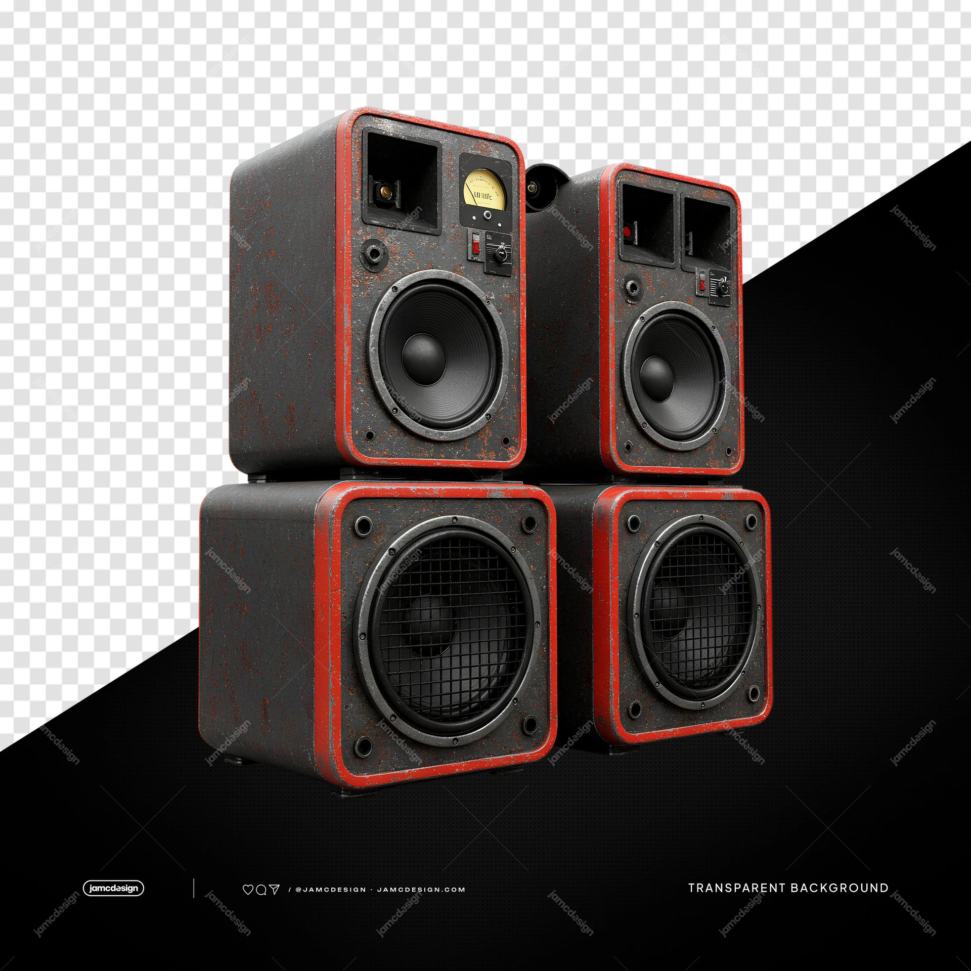 Torre de Altavoces DJ en Negro y Rojo con Subwoofers PNG Transparente. Objeto PNG transparente en negro y rojo que muestra una torre de altavoces para DJ