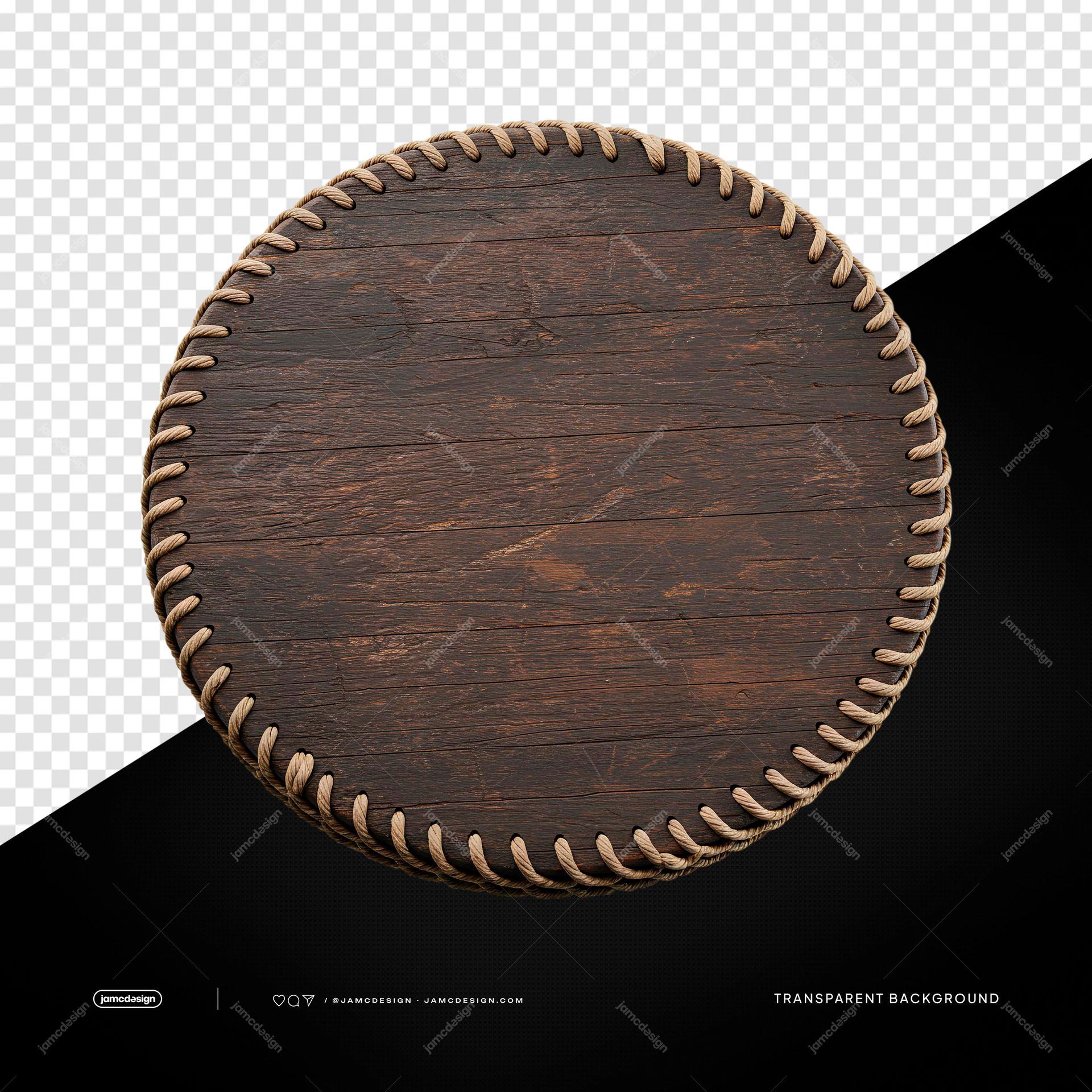 Dark Wood Round Board With Stitched Edge PNG Transparent. Transparent object PNG featuring a dark brown round wooden board with visible grain and a stitched