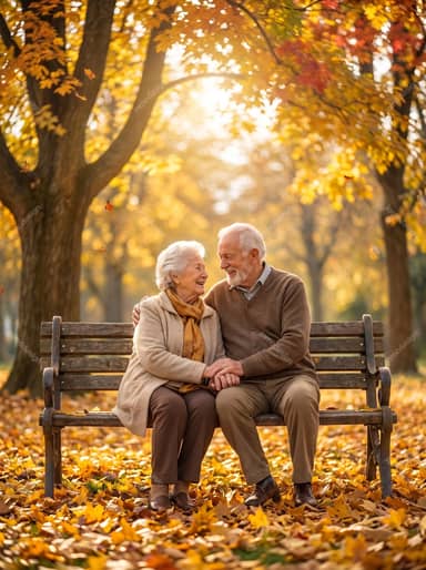Happy Senior Couple Sitting Together In Autumn Park