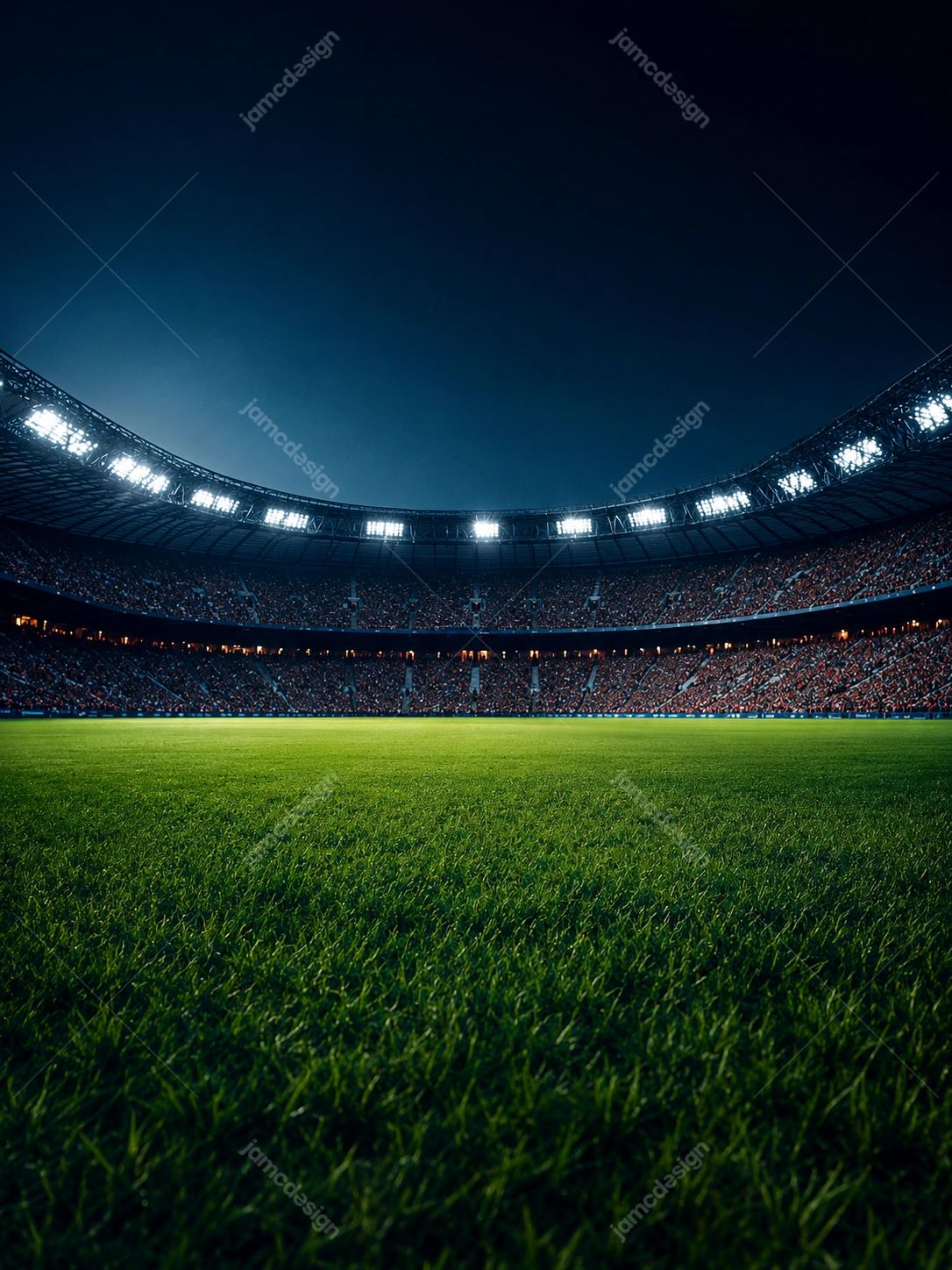 Cinematic Night Soccer Stadium Background. PNG background of a nighttime soccer stadium, with a luminous green grass pitch in the foreground