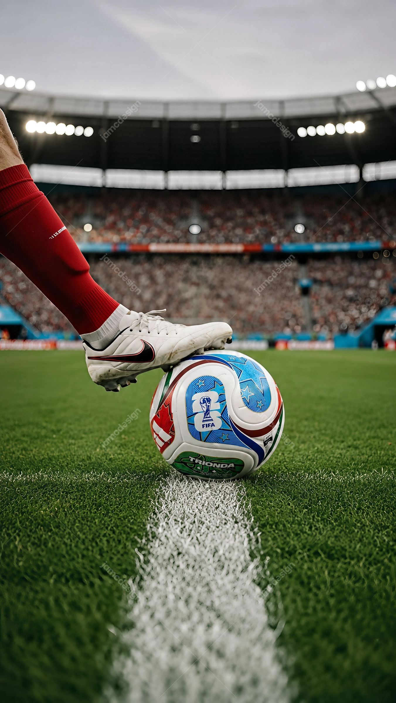 Soccer Player Foot On Ball At Stadium Background. PNG photo of a soccer player's foot wearing a red sock and white cleat resting on a match ball on a green