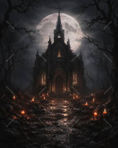 Gothic Chapel Full Moon Halloween Background: Moonlit Gothic Chapel