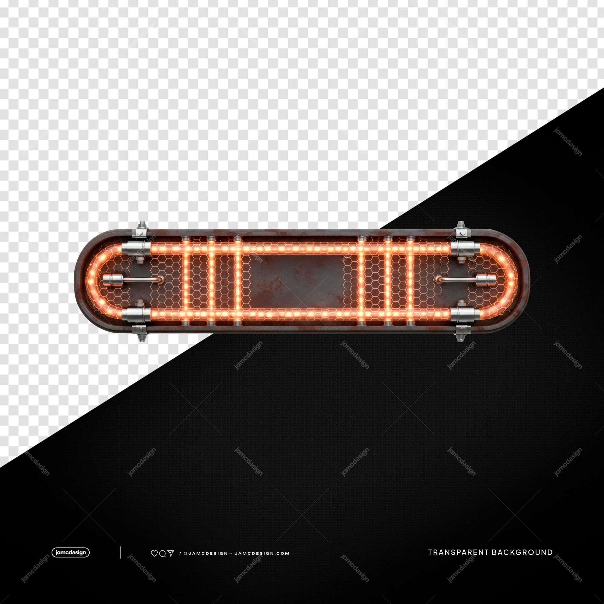 Marco de Borde Metálico Ámbar con Tubo LED Naranja Industrial PNG Transparente. Objeto transparente en PNG con un borde de metal industrial