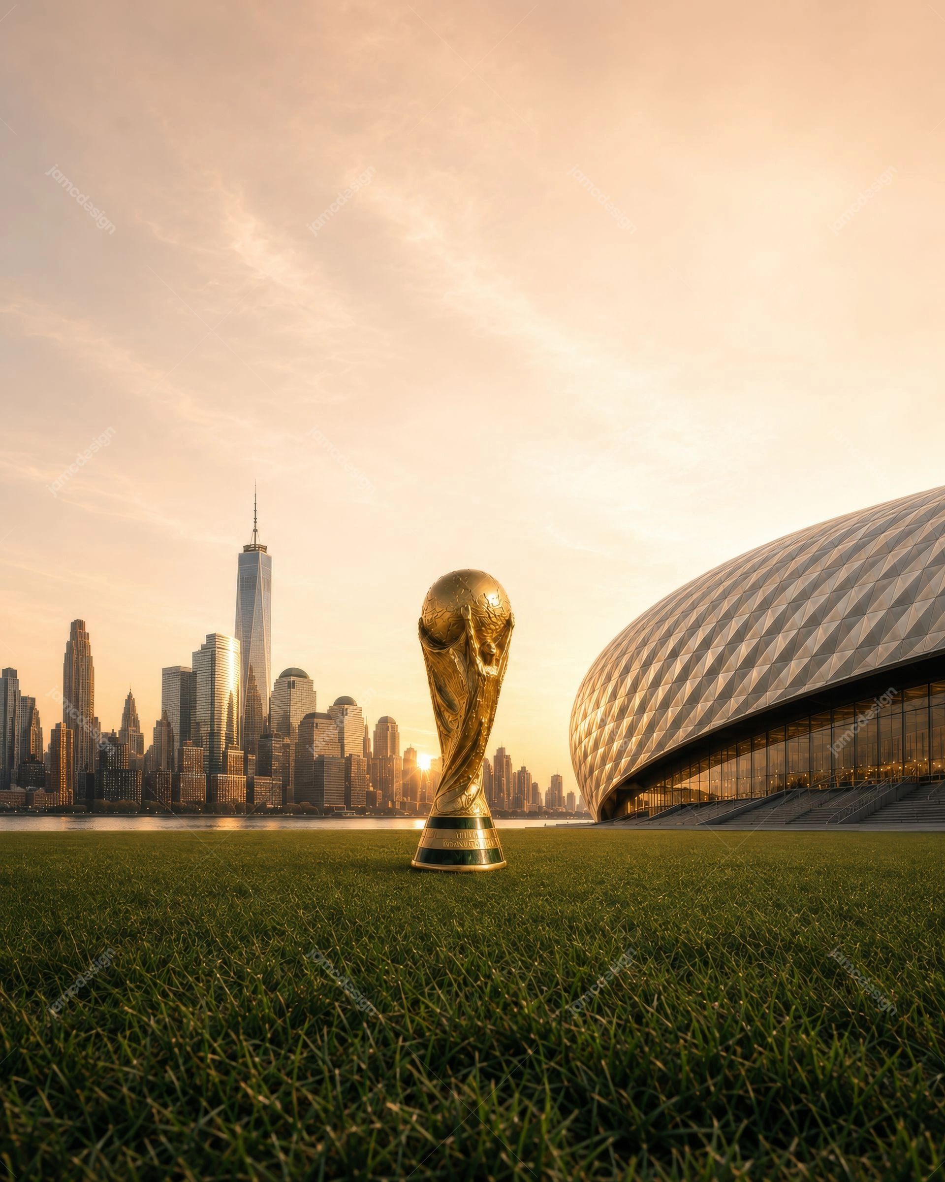 Golden Football Trophy Stadium Field Sunset Background. JPG photo background showing a golden football trophy standing on a green grass field