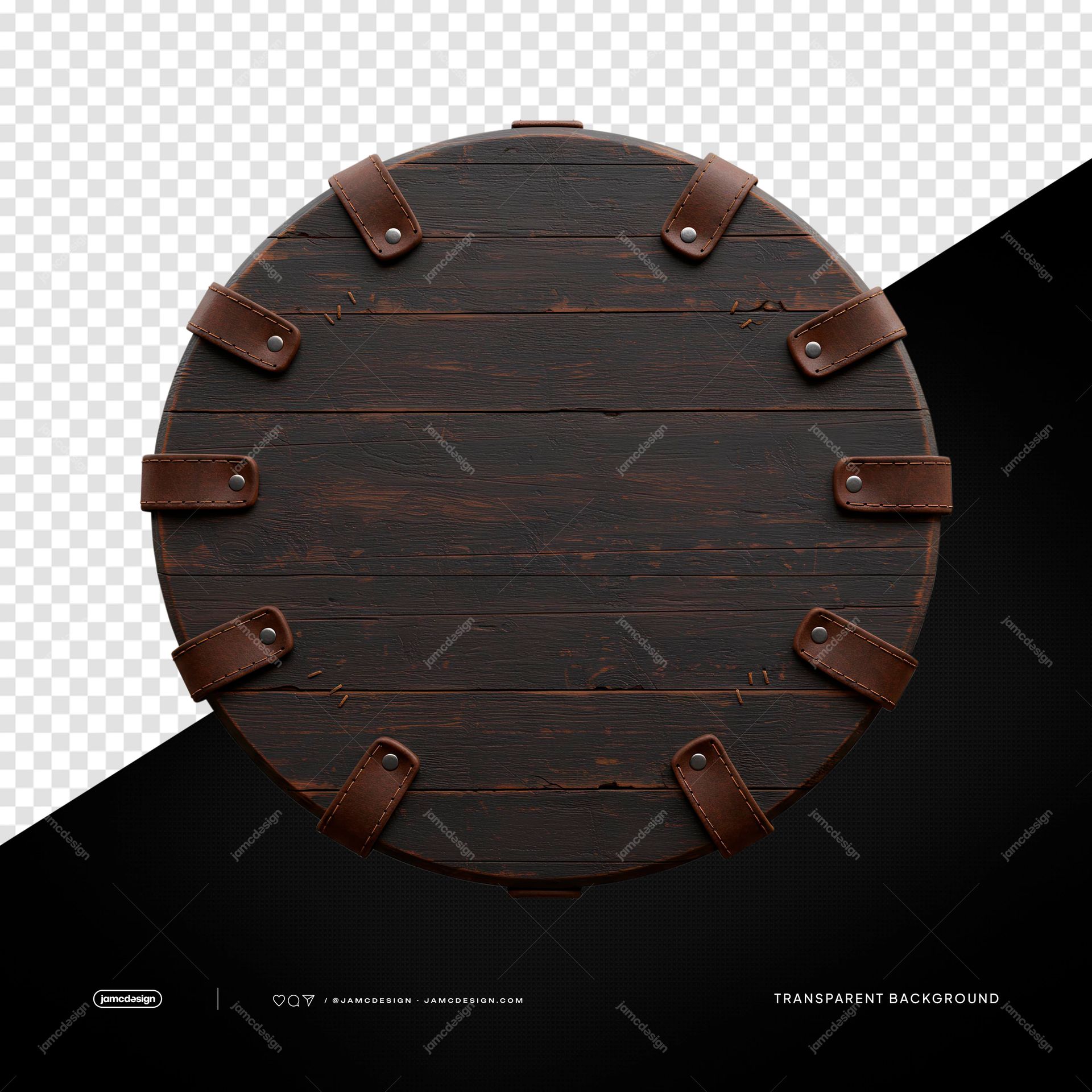 Dark Wood Round Board With Leather Straps PNG Transparent. Transparent PNG object showing a dark, round wooden board fitted with brown leather straps and metal