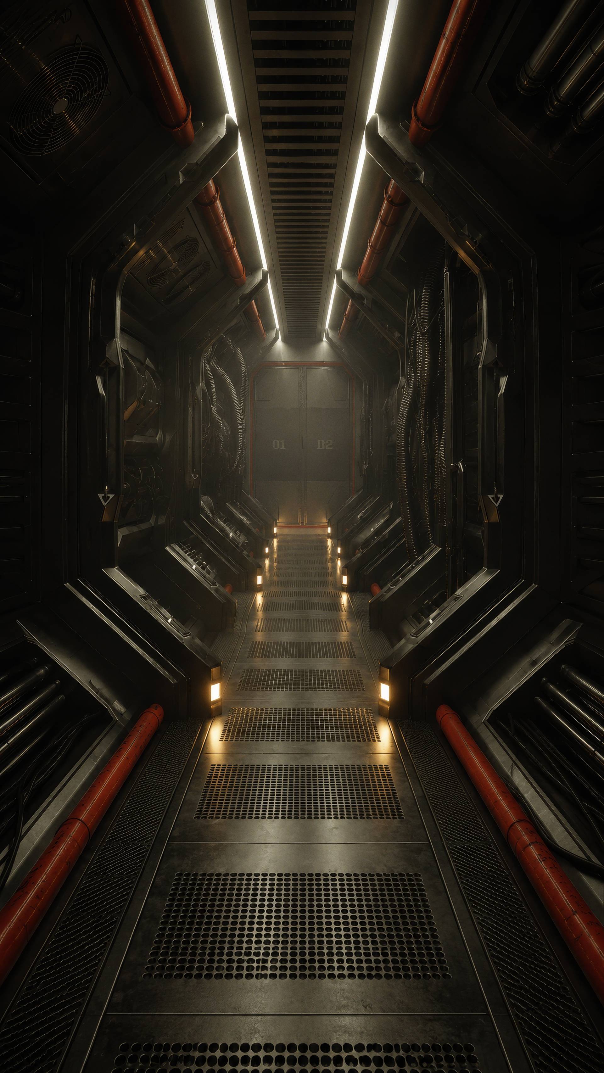 Dark Industrial Sci Fi Corridor Spaceship Background