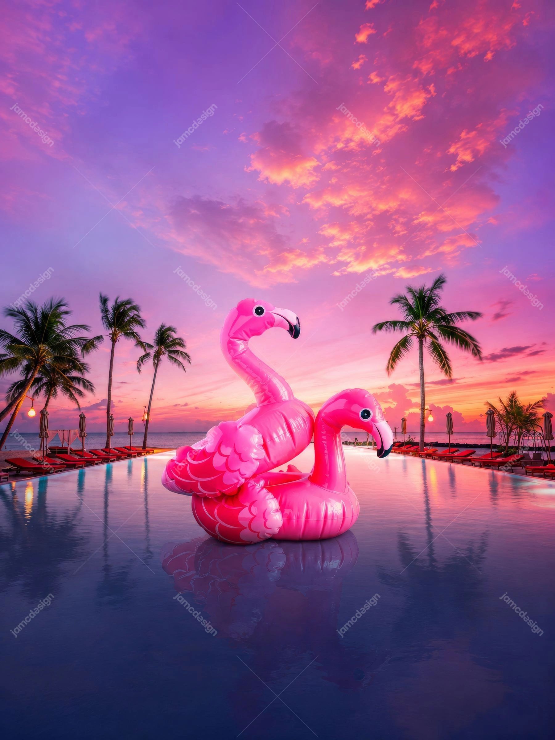 Fond de Piscine Tropicale au Coucher du Soleil avec Flamants Roses Gonflables. Fond JPG représentant deux flamants roses gonflables éclatants dans une piscine