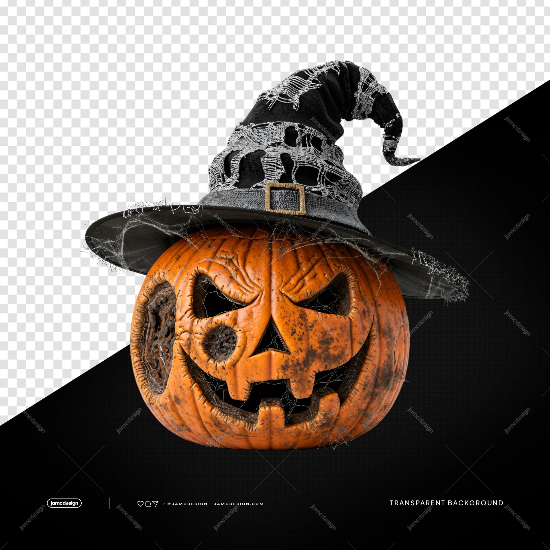 Black Hat Jack O Lantern Pumpkin Horror Face Transparent PNG. PNG transparent object showing a distressed orange jack o lantern pumpkin beneath a tattered