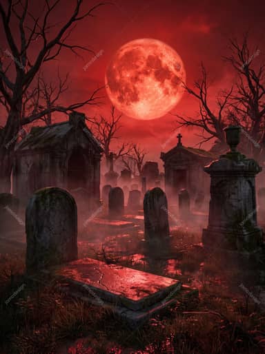 Gothic Ruins Blood Moon Halloween Crimson Graveyard Fog Background JPG