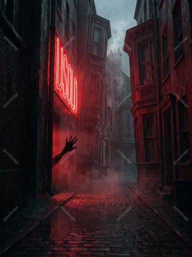 Shadowy Hand Reaching From Neon Alley Horror Red Fog Background JPG