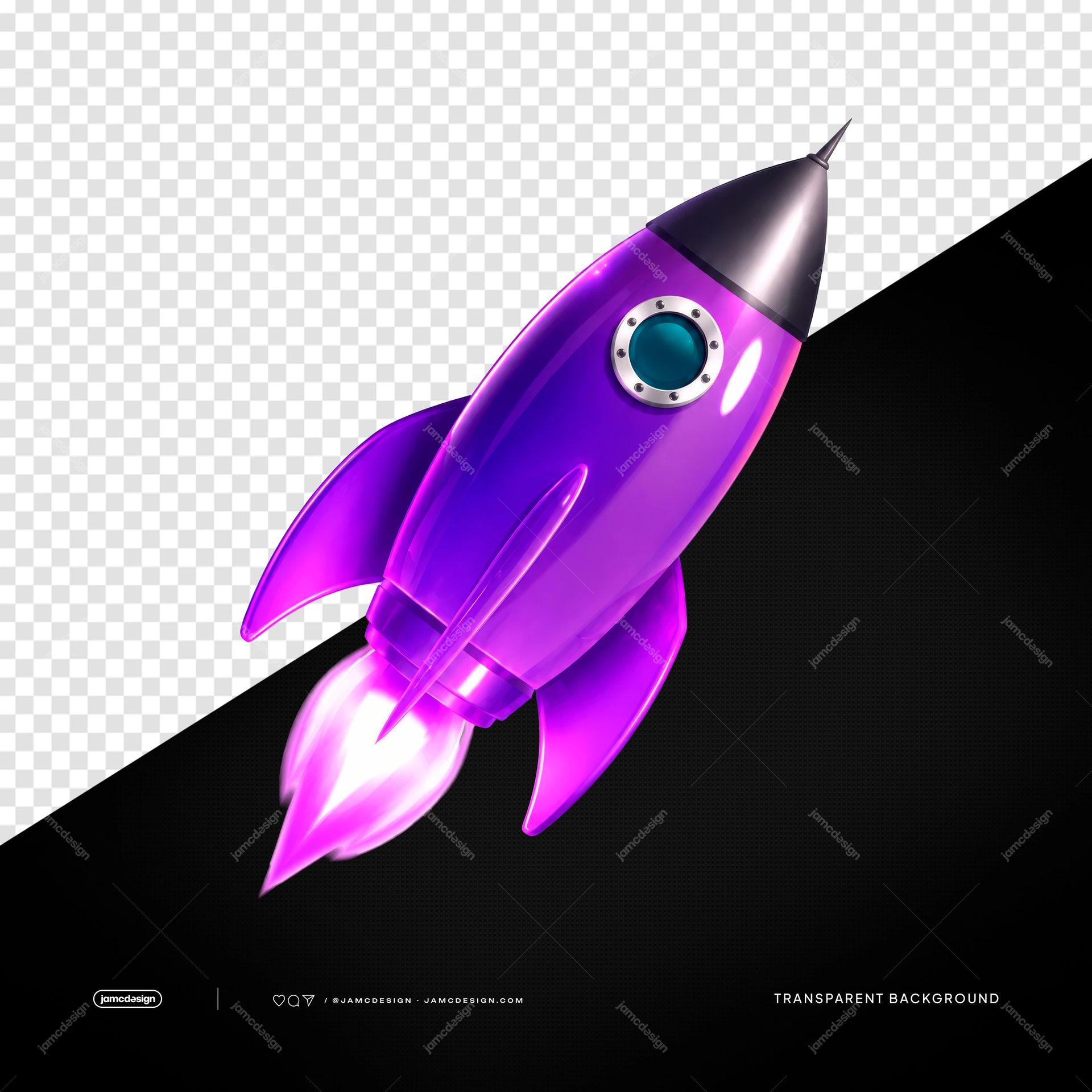 Purple Retro Rocket Pink Exhaust Flame PNG Transparent. This PNG transparent object shows a purple retro rocket with a glossy metallic body, round porthole