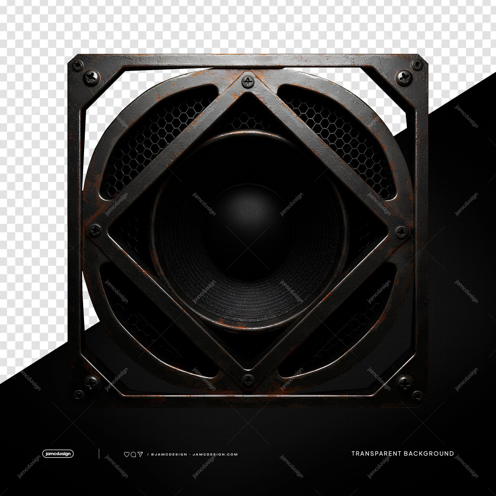 Black Speaker Cone With Metal Frame PNG Transparent. PNG transparent object featuring a black speaker cone set inside a square industrial metal frame