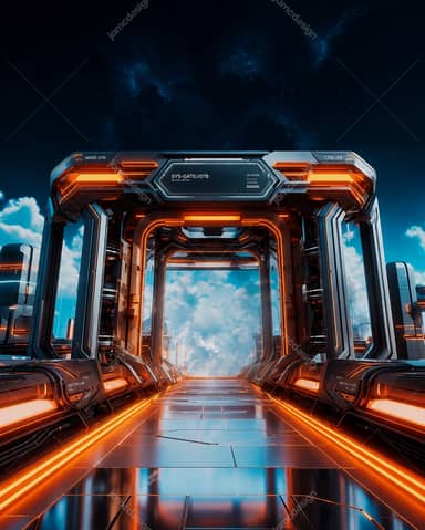 Futuristic Sci-Fi Portal With Orange Neon Lights Background