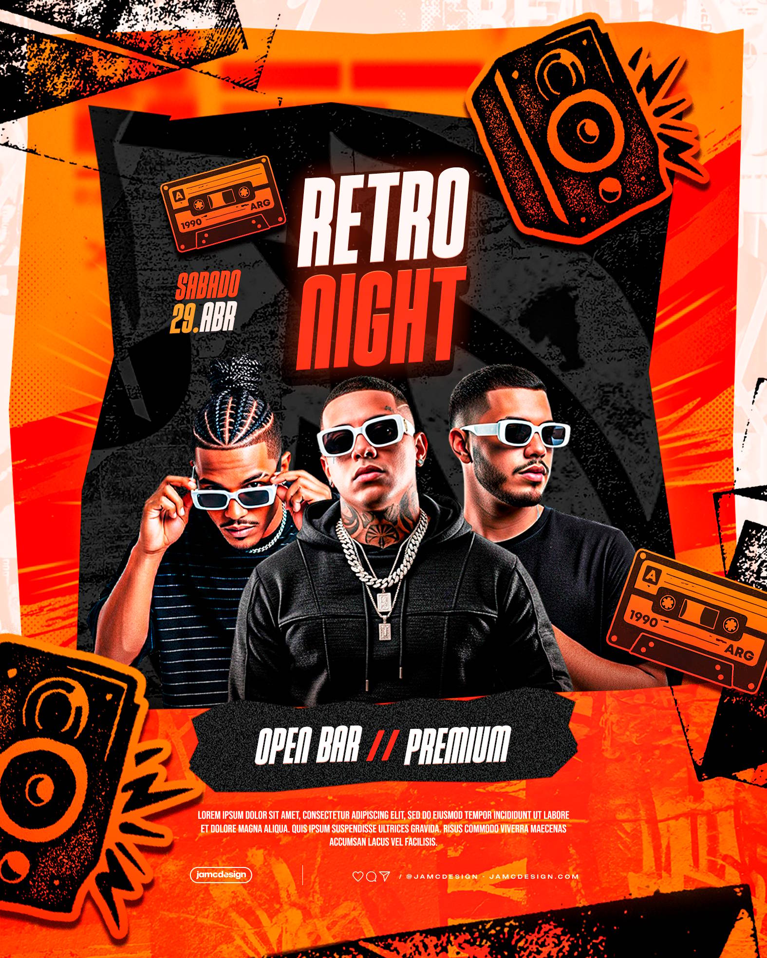Retro Night Party Design Flyer Template PSD Editable