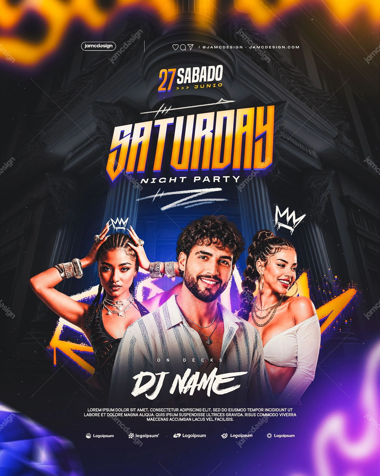 Saturday Night Party Flyer Template PSD Editable. Editable PSD template for a Saturday night party flyer with a dark composition, three figures