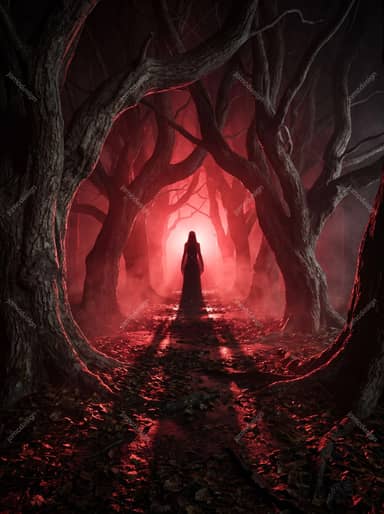 Silhouette Figure In Red Forest Tunnel Halloween Background JPG