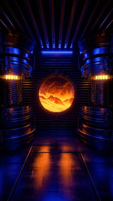 Sci Fi Corridor with Circular Window and Lava Planet View Background